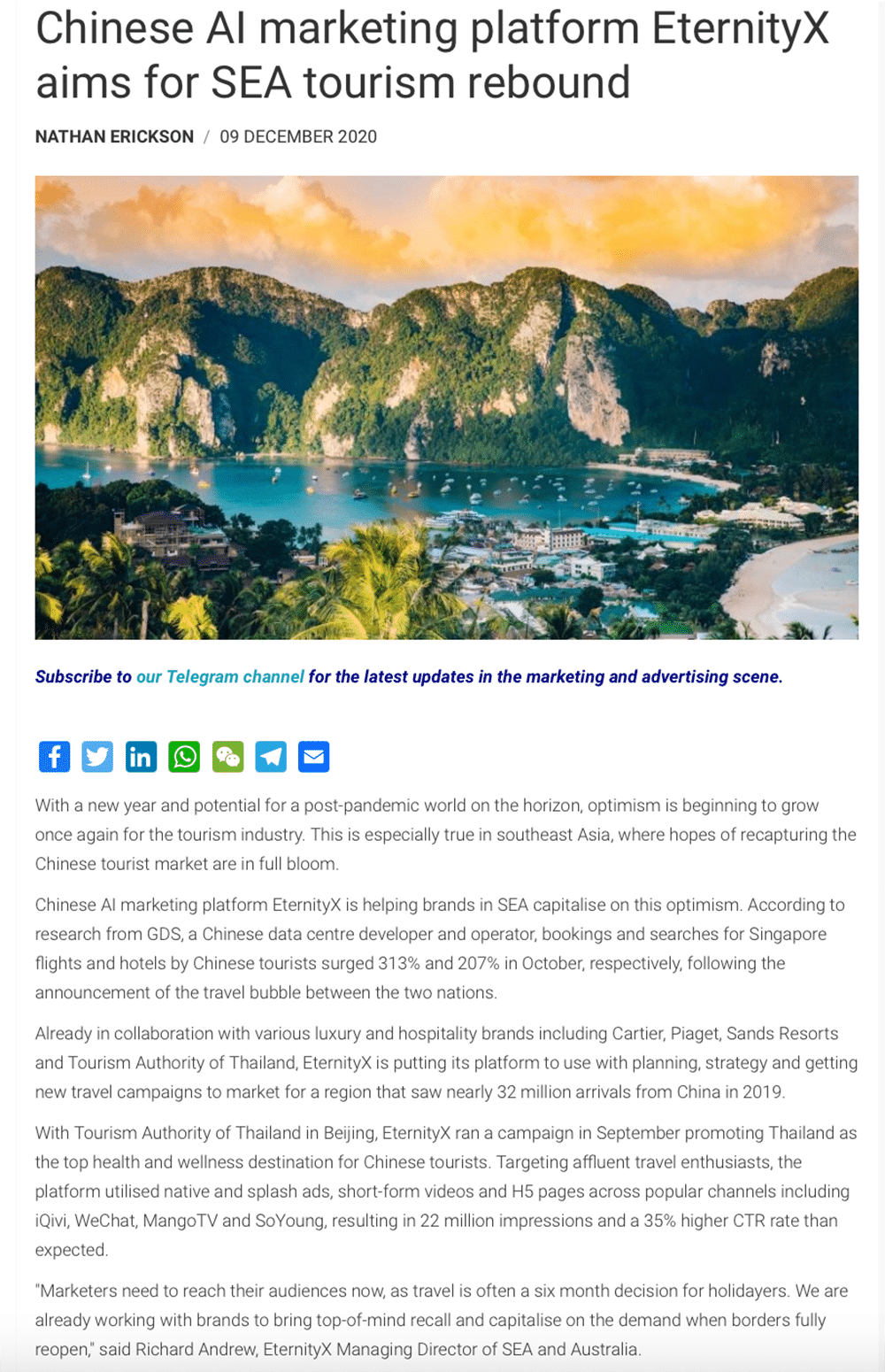 Chinese AI Marketing Platform EternityX Aims for SEA Tourism Rebound, Posted on Marketing Magazine