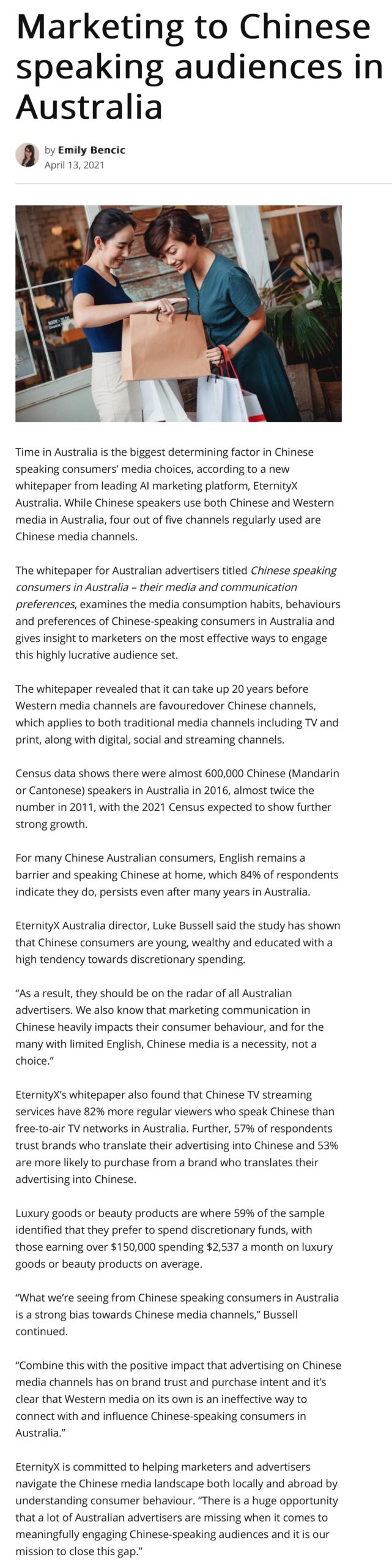 Retailbiz Article on Preferences of Chinese Australian